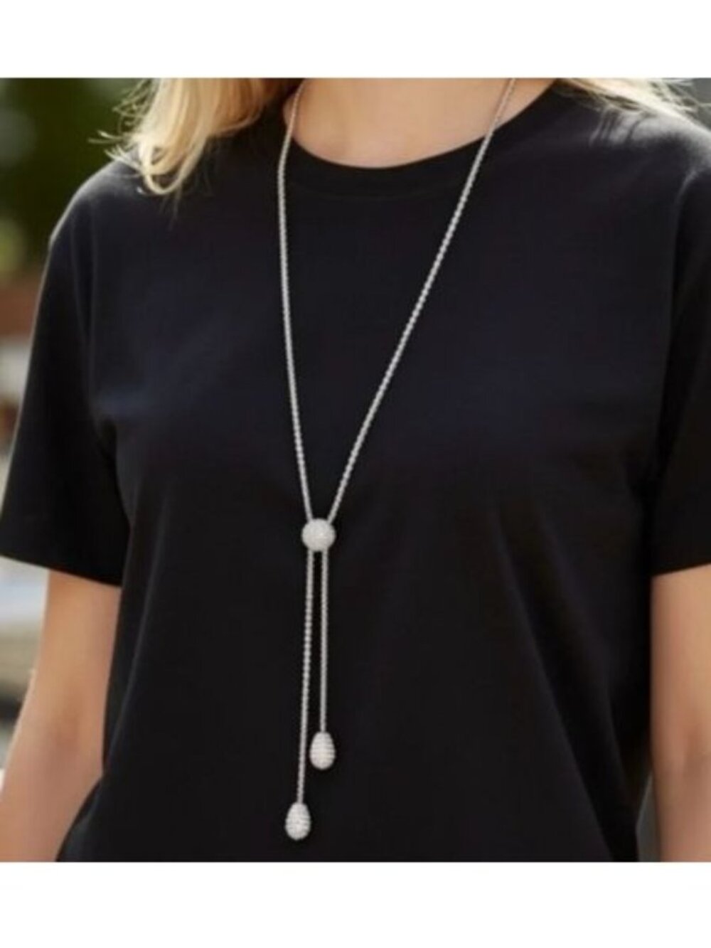 Chico's Ann Pavé Rhinestone Crystal Lariat Y-Necklace Silvertone Tassel NWT